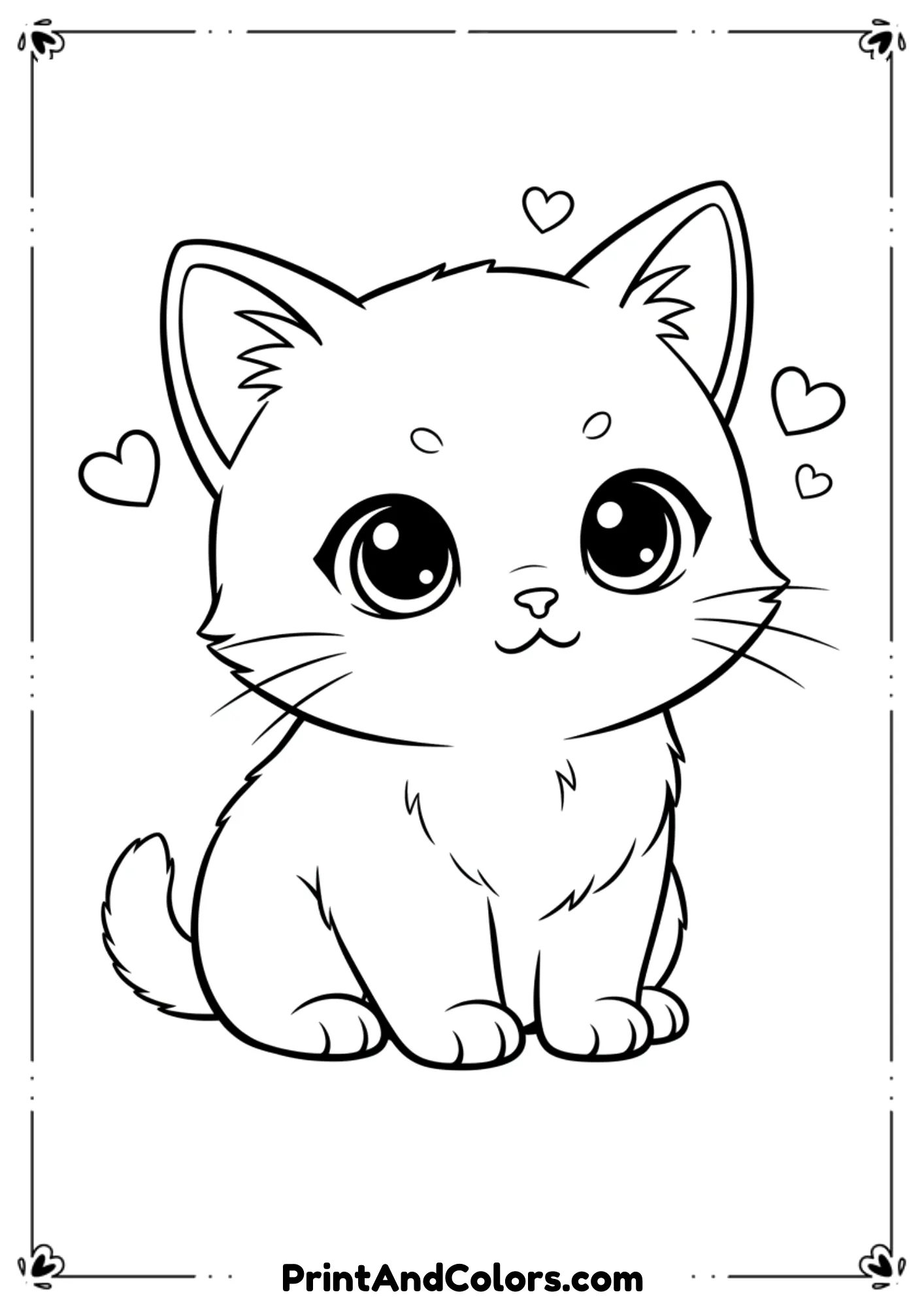  Big-eyed anime-style kitten sitting cutely, expressive lines and chibi proportions, clean outline art.
