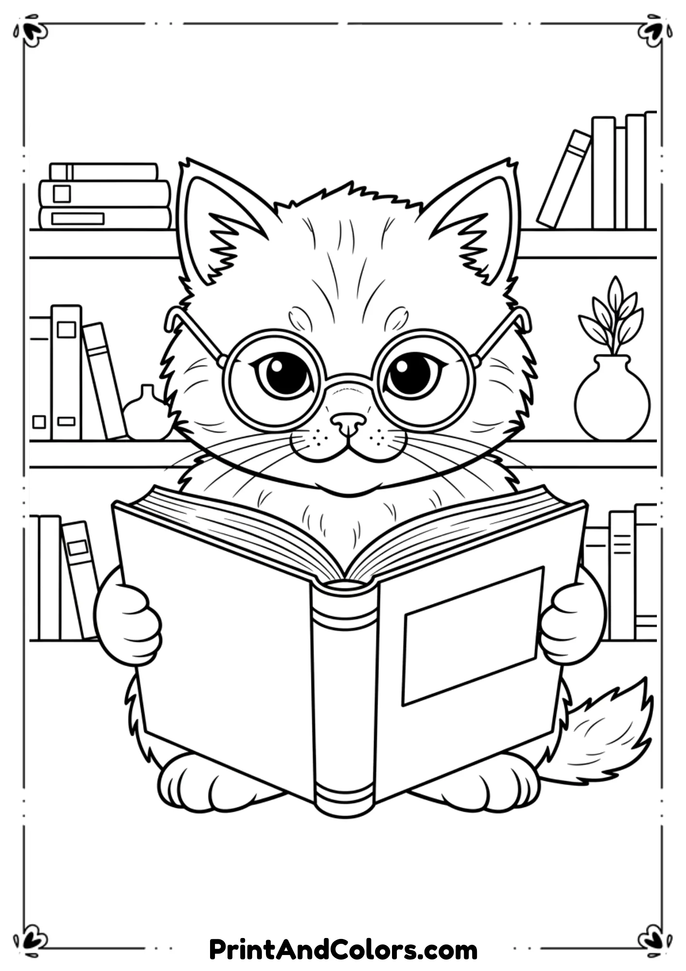  Intelligent kitten wearing round glasses and reading an open book, clean black outlines perfect for coloring.
