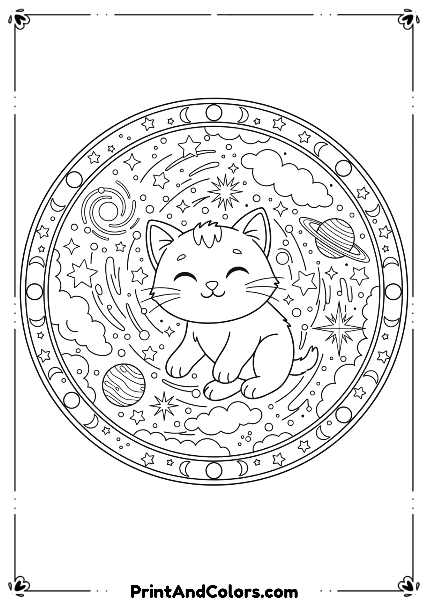  Kitten floating among stars and planets in a galaxy scene, cosmic background in simple outlines for coloring.
