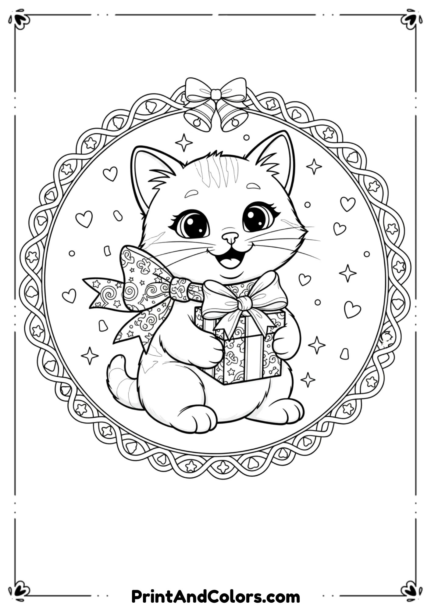 Festive kitten with a bow around its neck holding a small wrapped gift, joyful black-and-white line art.
 