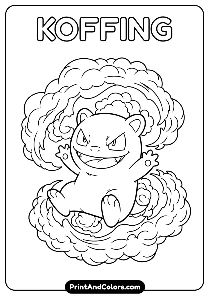 Koffing with gas clouds – toxic and fun coloring page.