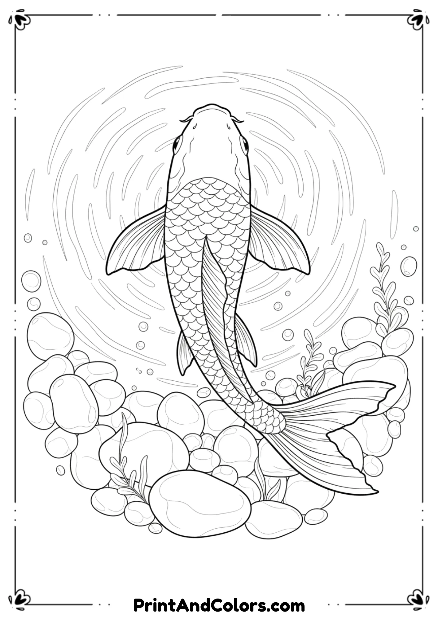 Elegant koi fish gliding above rounded river stones. Add gentle water ripples and small plants. Smooth, flowing outlines.