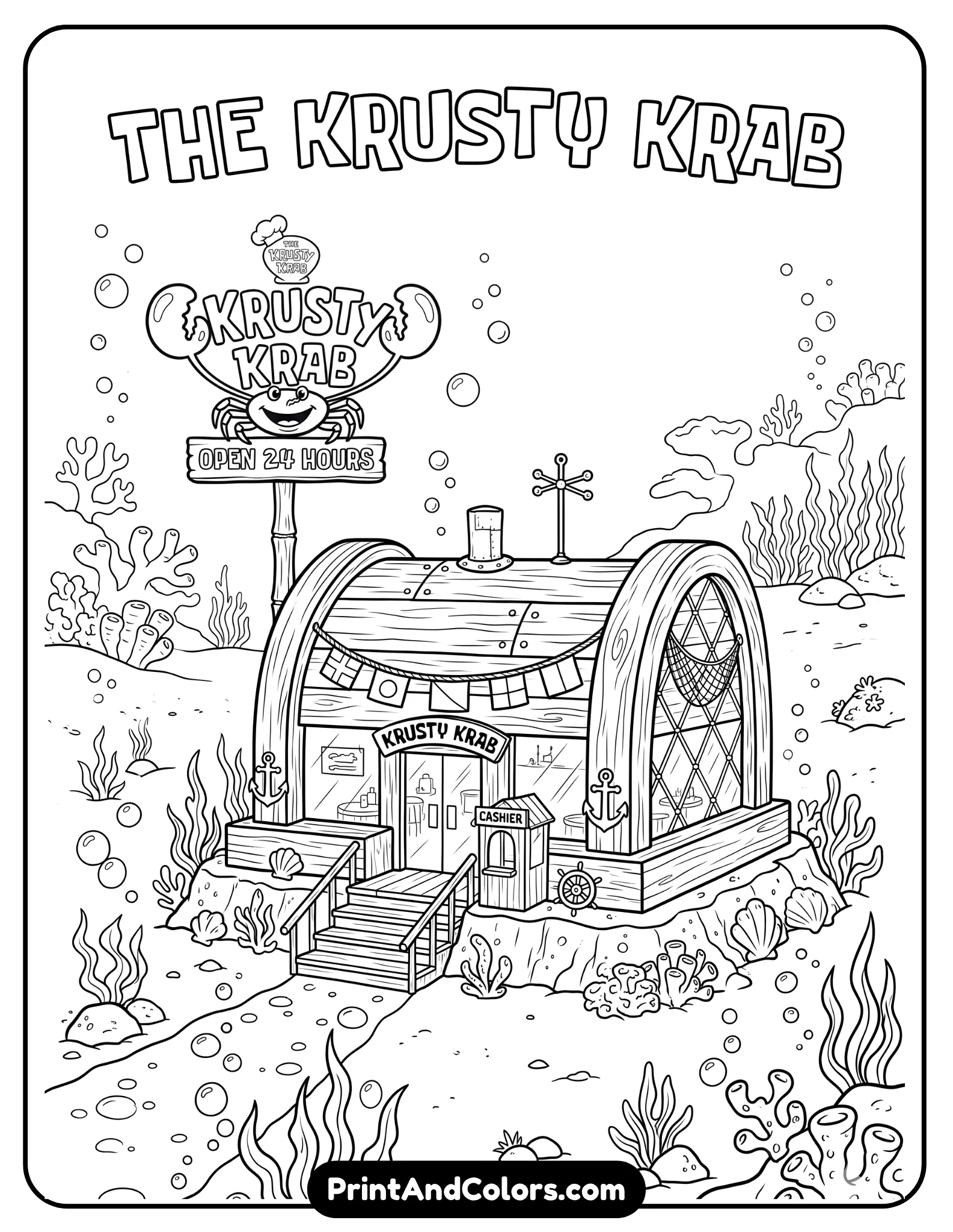Detailed black and white coloring page of the Krusty Krab restaurant exterior in Bikini Bottom, wooden building design, signboard, anchor decorations, ocean plants and bubbles around it, clean printable cartoon outlines, no shading