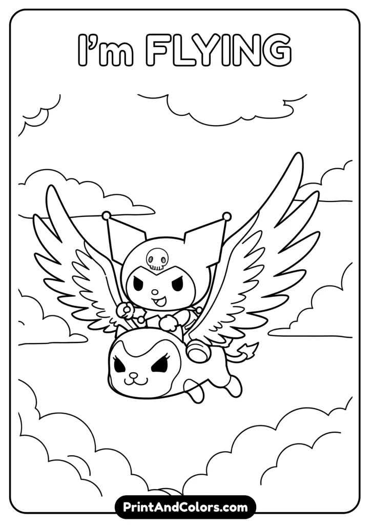 Kuromi riding on Baku in the sky, wings spread, cartoon clouds in background, thick black outlines for easy coloring