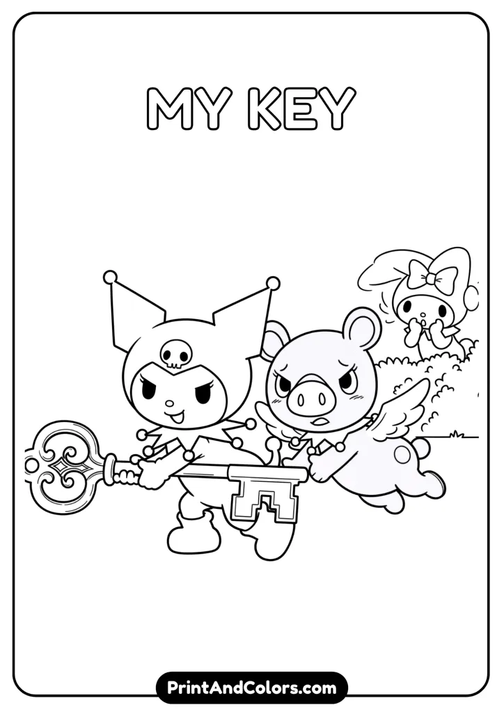 Mischievous Kuromi with Baku sneaking away holding a large key, My Melody in the background surprised, cartoon line drawing