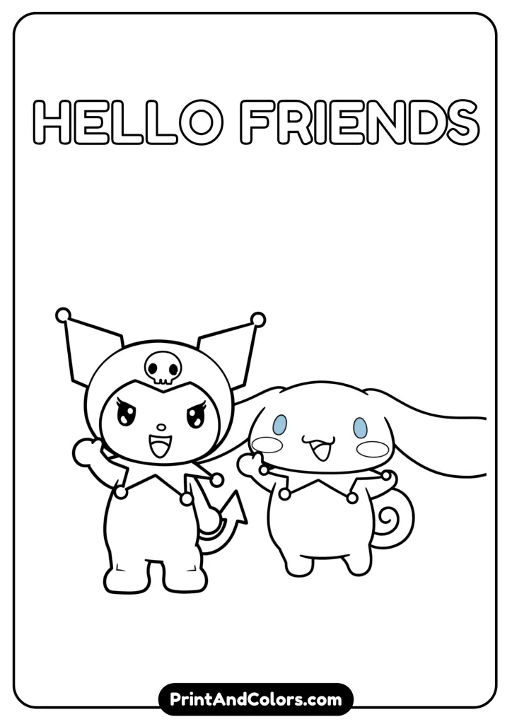Kuromi and Cinnamoroll together, waving happily, cartoon style, black and white line art, no colors, plain background for coloring