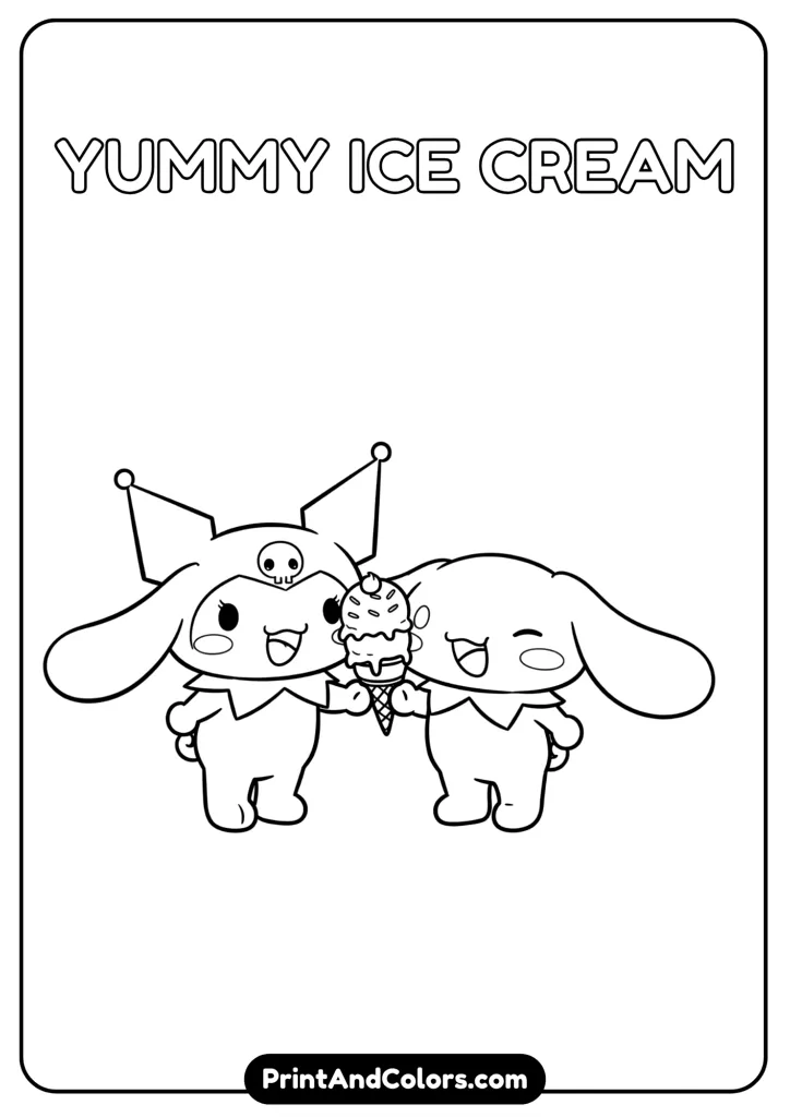 Kuromi and Cinnamoroll holding and sharing an ice cream cone, smiling happily, bold line outlines
