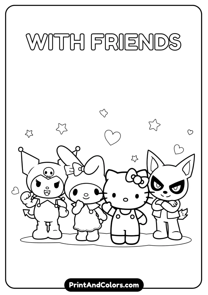 Kuromi standing with Sanrio friends including My Melody, Hello Kitty, and Badtz Maru, cartoon outlines for coloring fun.