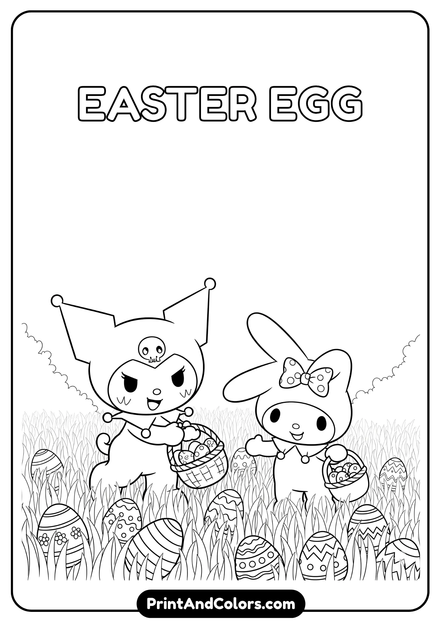 Kuromi and My Melody holding Easter baskets, hunting decorated eggs in grass, cartoon line art with bold outlines.