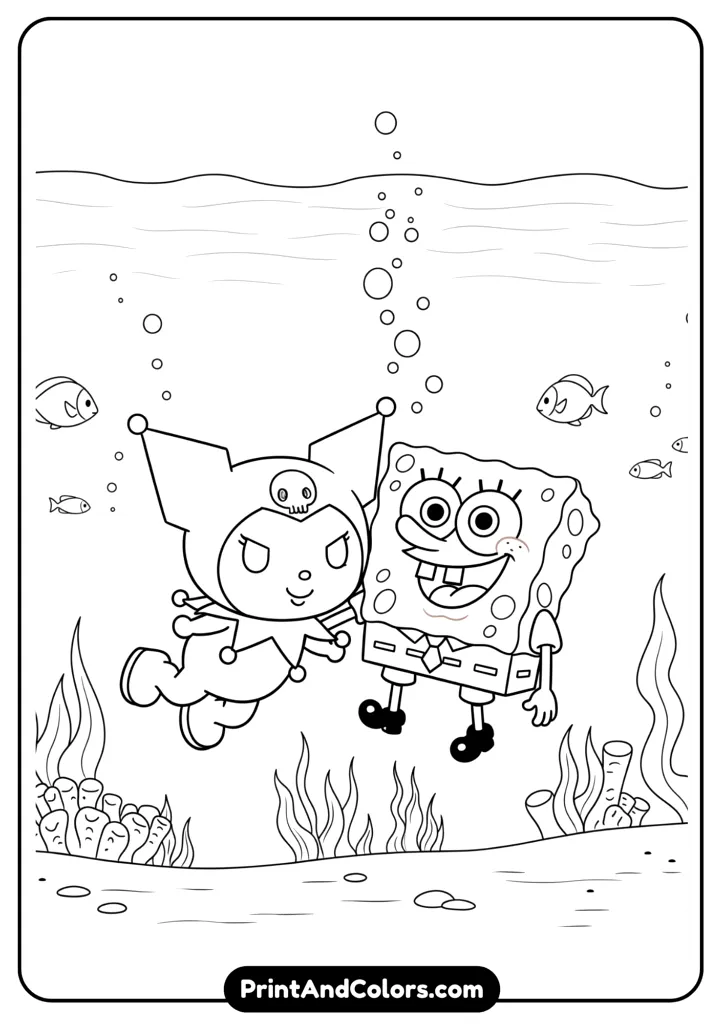 Kuromi and SpongeBob underwater with bubbles, seaweed, and fish, cute cartoon line art.