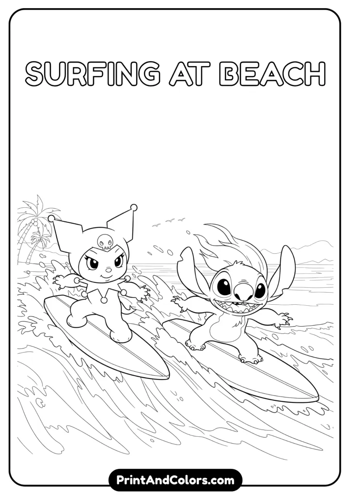 Kuromi and Stitch riding surfboards on ocean waves, beach background, cartoon black and white outlines.