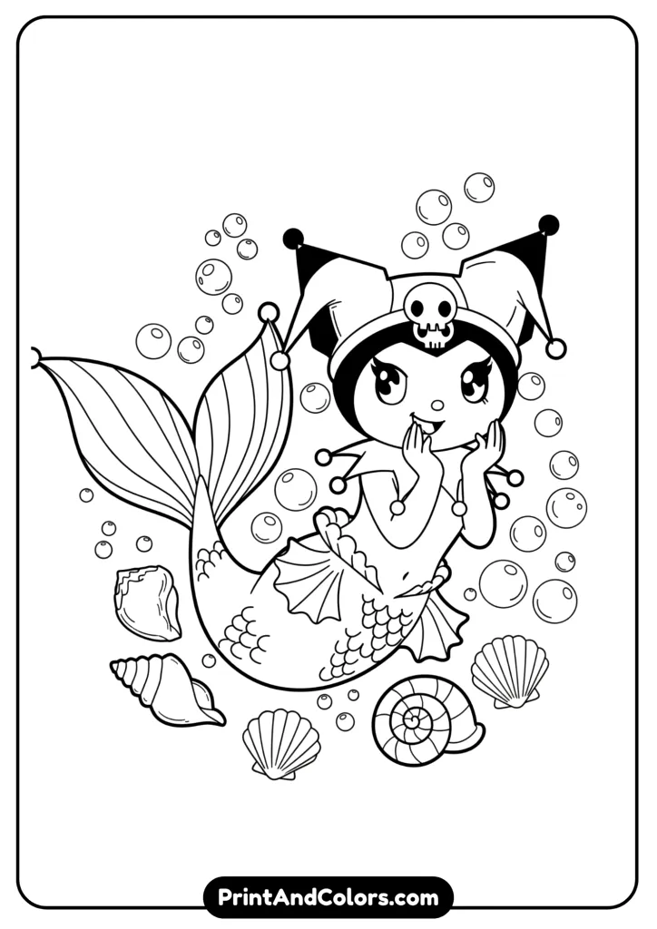 Kuromi transformed into a mermaid with fish tail, surrounded by seashells and bubbles, outlined in clean cartoon style