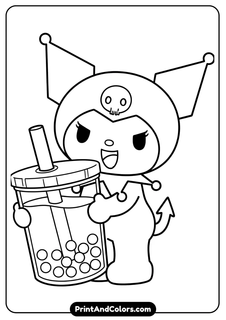 Kuromi holding a large cup of boba tea, smiling happily, cute Sanrio black and white line art.