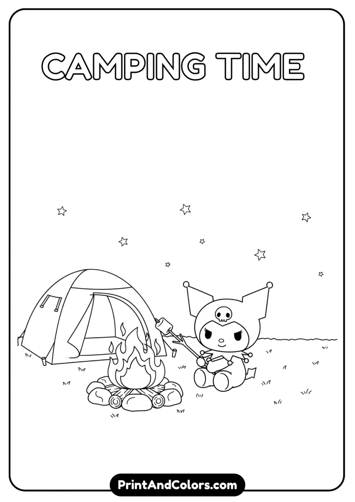 Kuromi sitting in front of a tent with a campfire, holding marshmallow stick, outlined cartoon camping scene.