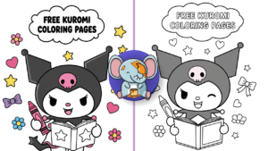 Black and white kawaii line art of Kuromi holding a coloring book with doodles of stars, hearts, and bows, featuring the text “Free Kuromi Coloring Pages” at the top.