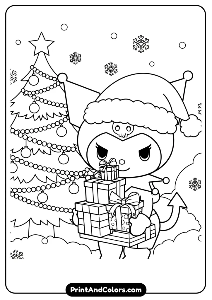 Kuromi wearing a Santa hat, holding gift boxes, surrounded by Christmas tree and snowflakes, cartoon outlines