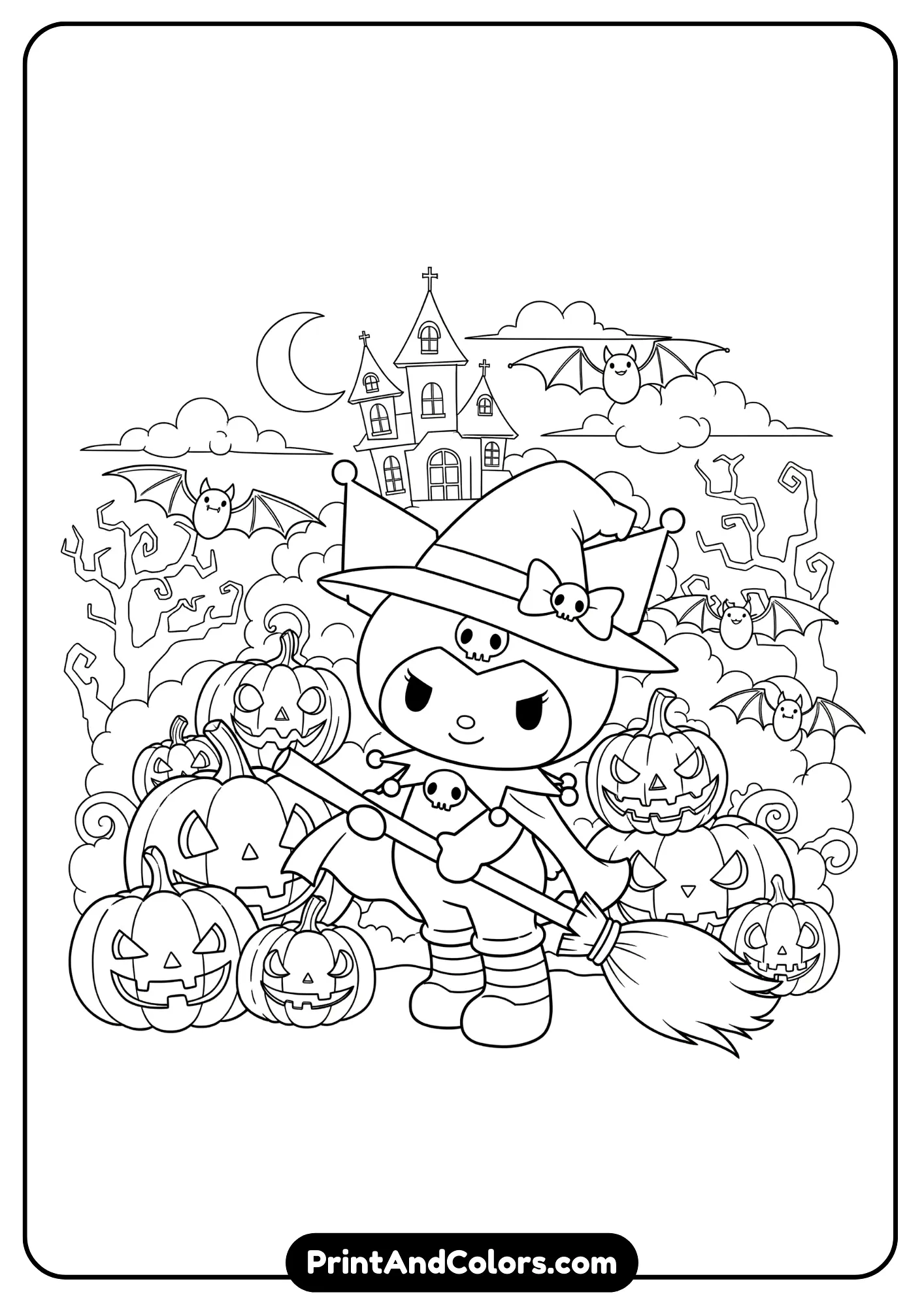 Kuromi in witch costume with pumpkin lanterns and bats, spooky yet cute line art for coloring