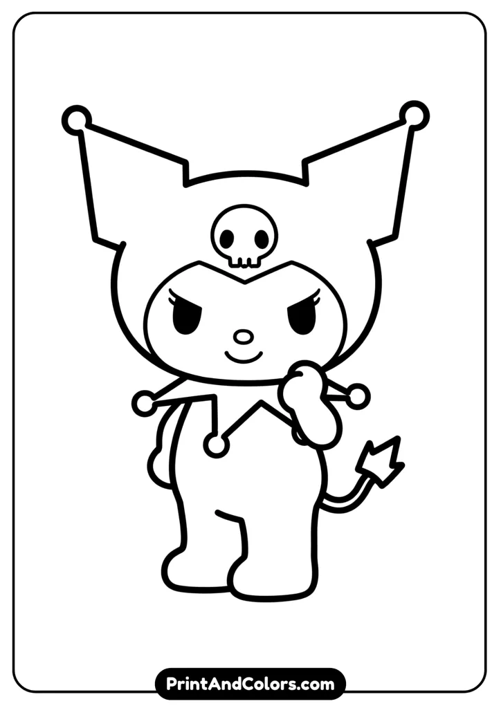 Simple black and white Kuromi character in standing pose, outlined in bold lines for easy coloring and printing