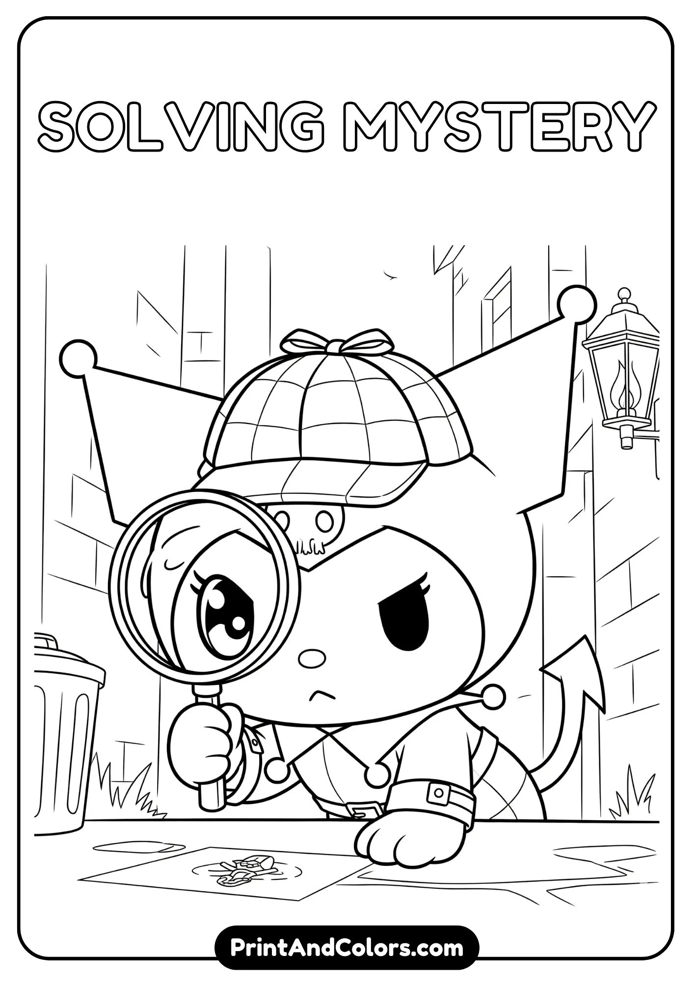 Kuromi wearing detective hat with magnifying glass, looking for clues, cartoon line art mystery style