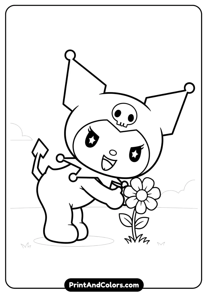 Kuromi bending over a flower in excitement, wide happy expression, cartoon outlines, minimal background for easy coloring.