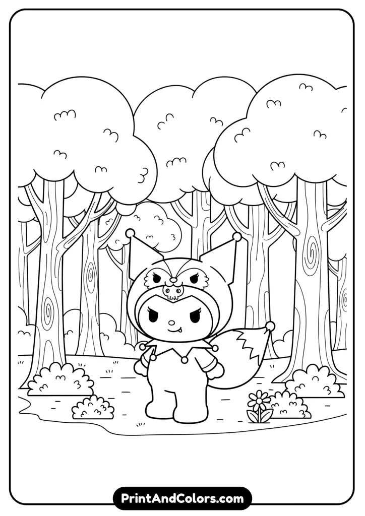 Kuromi dressed as a fox, standing among cartoon trees in forest, cute line art style.