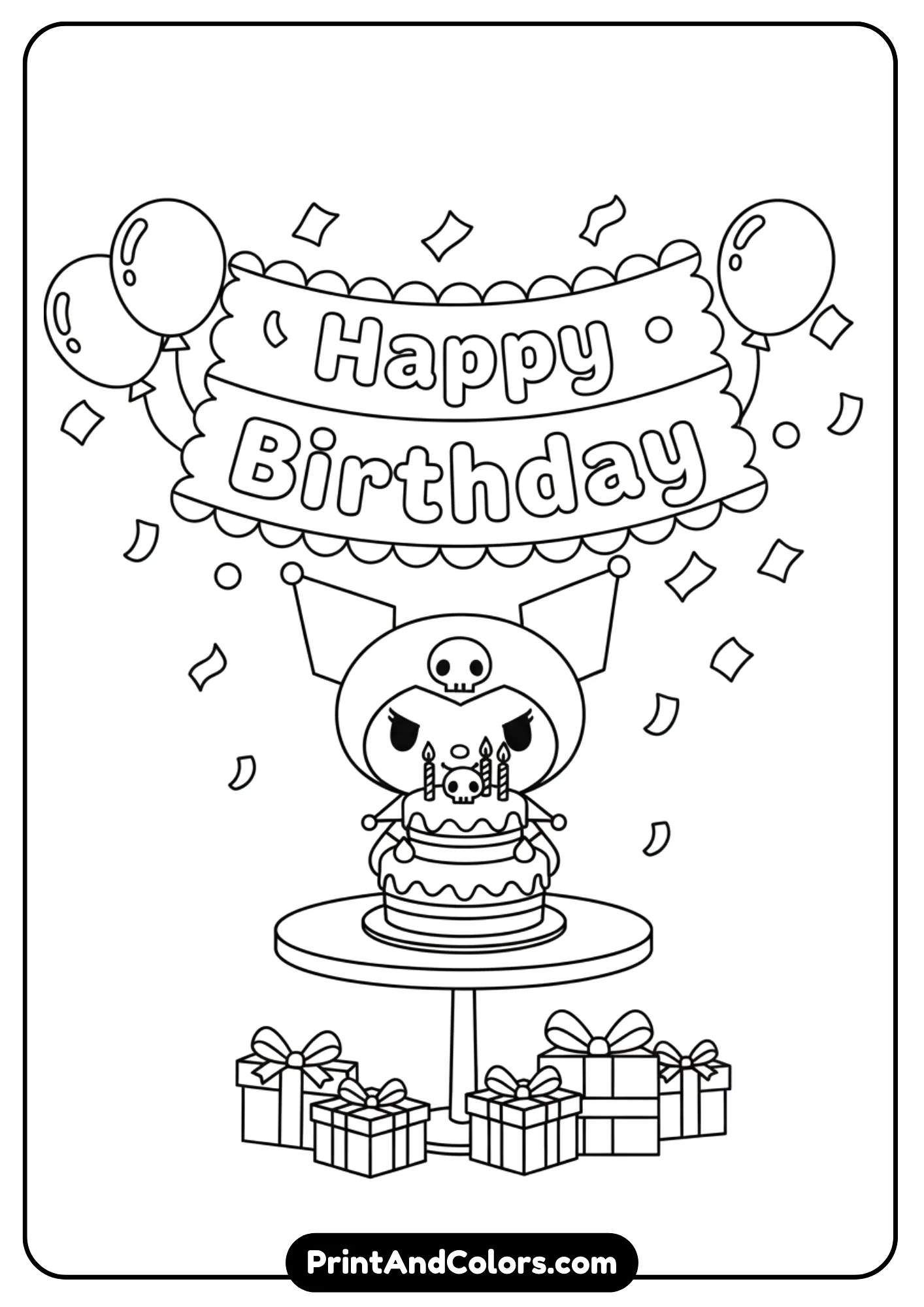 Kuromi with birthday cake and presents, “Happy Birthday” banner above, cute cartoon line art for festive coloring