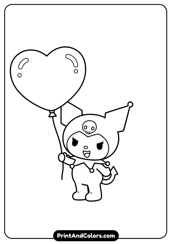 Kuromi holding a big heart-shaped balloon, standing happily, kawaii Sanrio style outlines for coloring