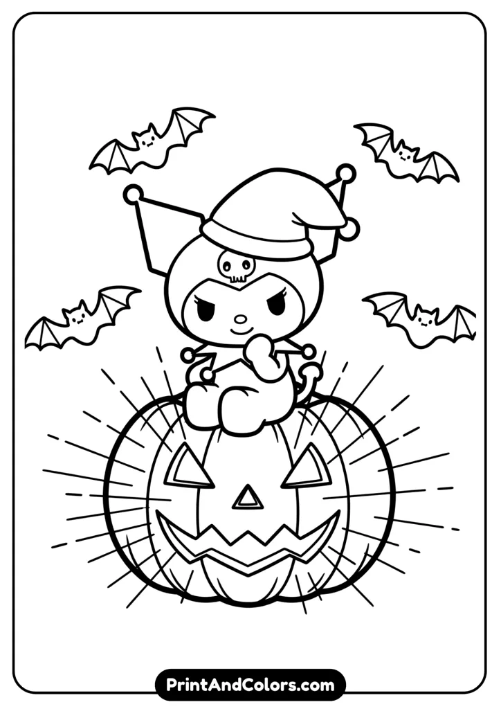 Kuromi sitting on a glowing jack-o’-lantern, Halloween bats around, outlined in bold lines for coloring