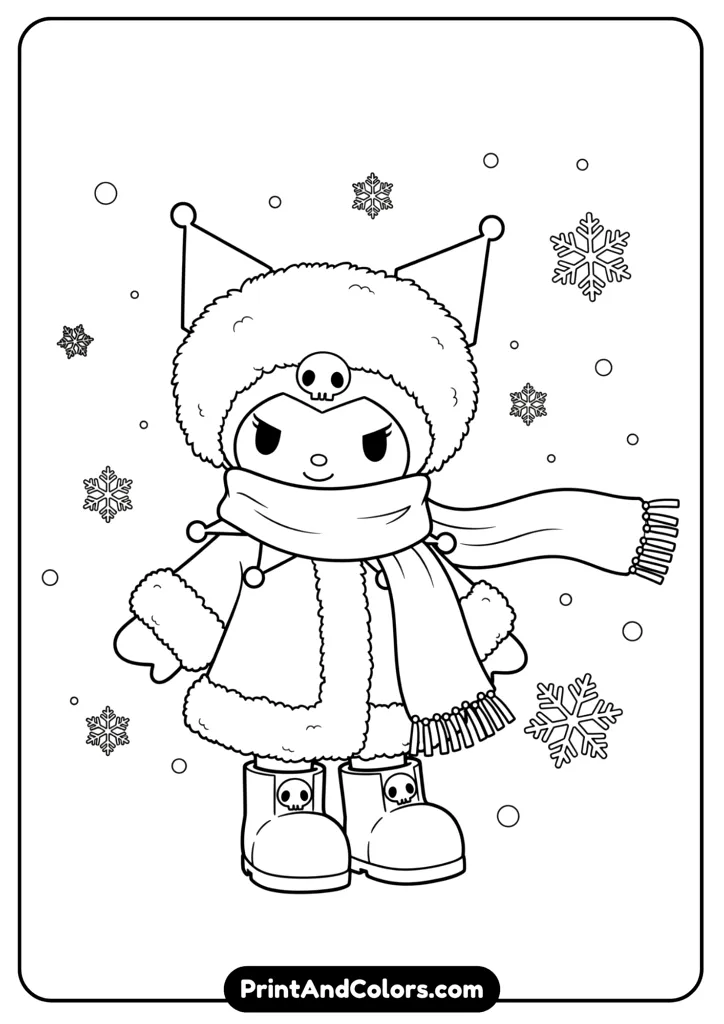 Kuromi dressed in a fluffy winter coat with scarf and boots, snowflakes in the background, black and white line art.