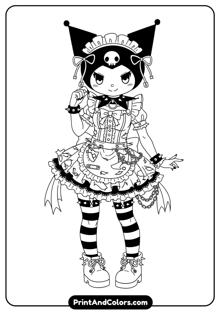 Black and white anime-style Kuromi dressed in punk maid outfit, frilly dress with punk accessories, kawaii gothic look, clean outline drawing