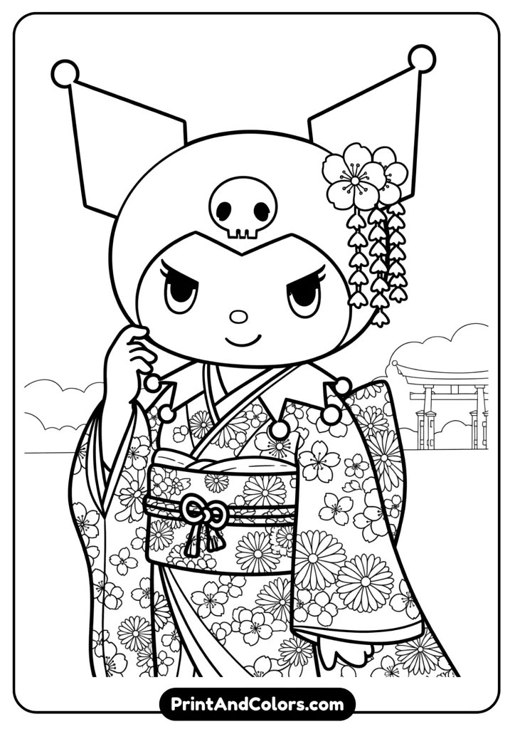 Kuromi wearing a traditional Japanese kimono with floral details, outlined in bold lines, simple background for coloring