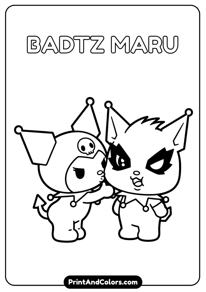 Kuromi giving Badtz Maru a small kiss on the cheek, cute expressions, chibi Sanrio art, outlined for coloring page use