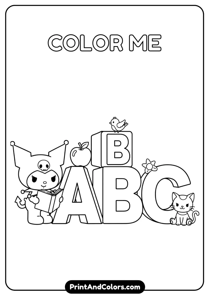 Kuromi standing beside big ABC letters, holding a book, educational line art design for kids coloring