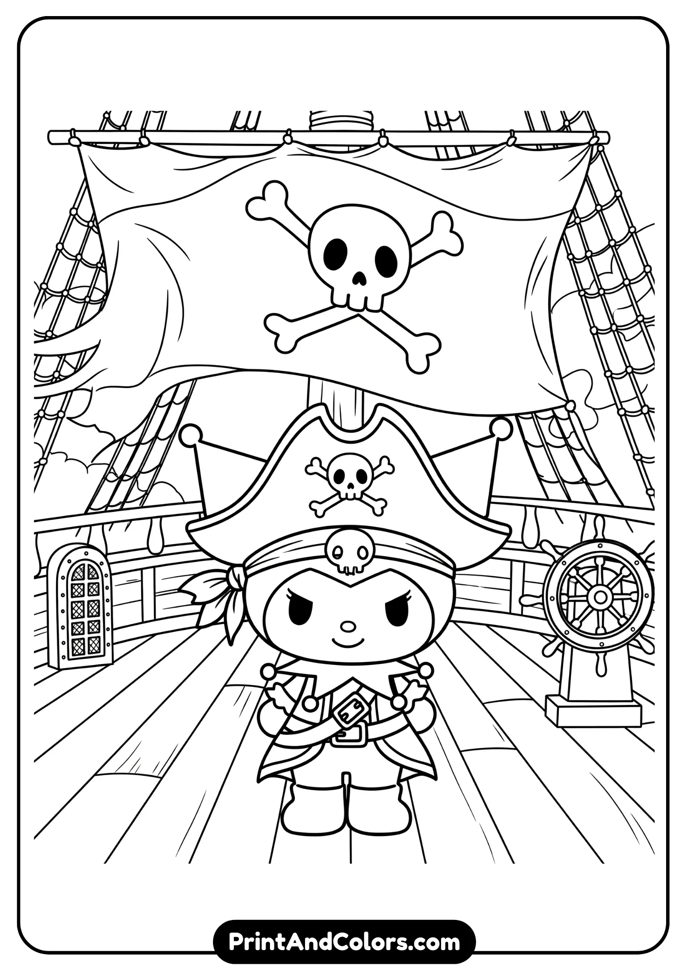 Kuromi dressed as pirate captain on ship deck, with pirate hat and flag, black and white cartoon drawing