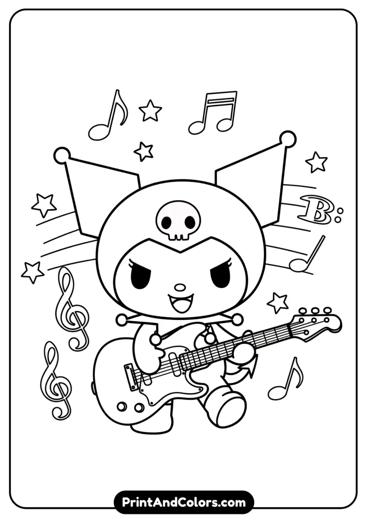 Kuromi playing a guitar and surrounded by musical notes, chibi cartoon line art for kids coloring