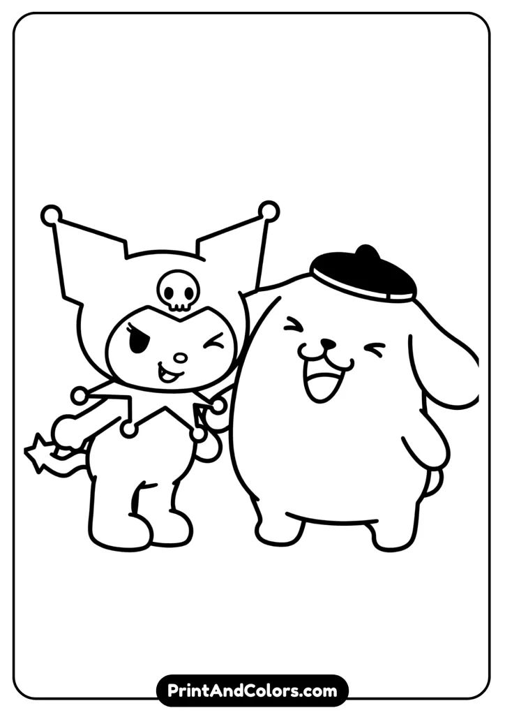 Kuromi standing with Pompompurin, both smiling, cartoon Sanrio line art with bold outlines.