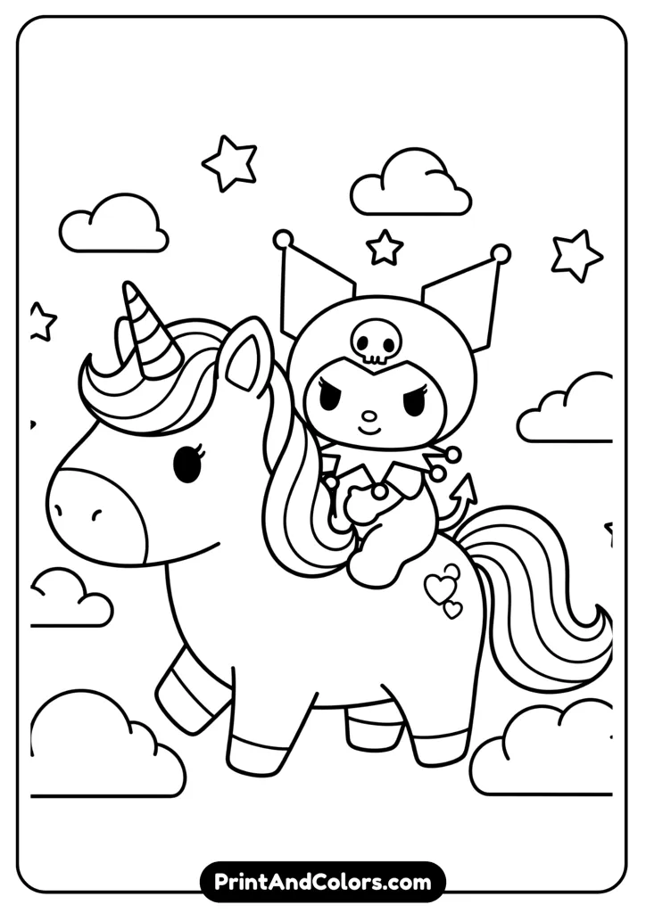 Kuromi riding on a cute unicorn with stars and clouds in the background, kawaii fantasy line art.
