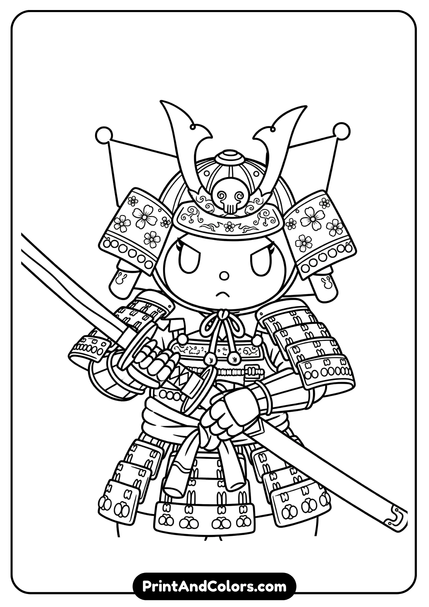 Kuromi dressed as a samurai warrior, holding sword, Japanese-style armor, bold cartoon outlines