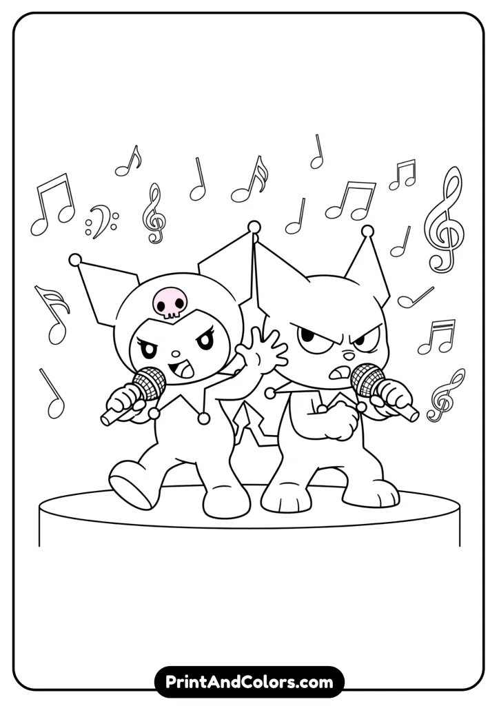 Kuromi and Badtz-Maru singing with microphones on a stage, musical notes in background, cartoon line art