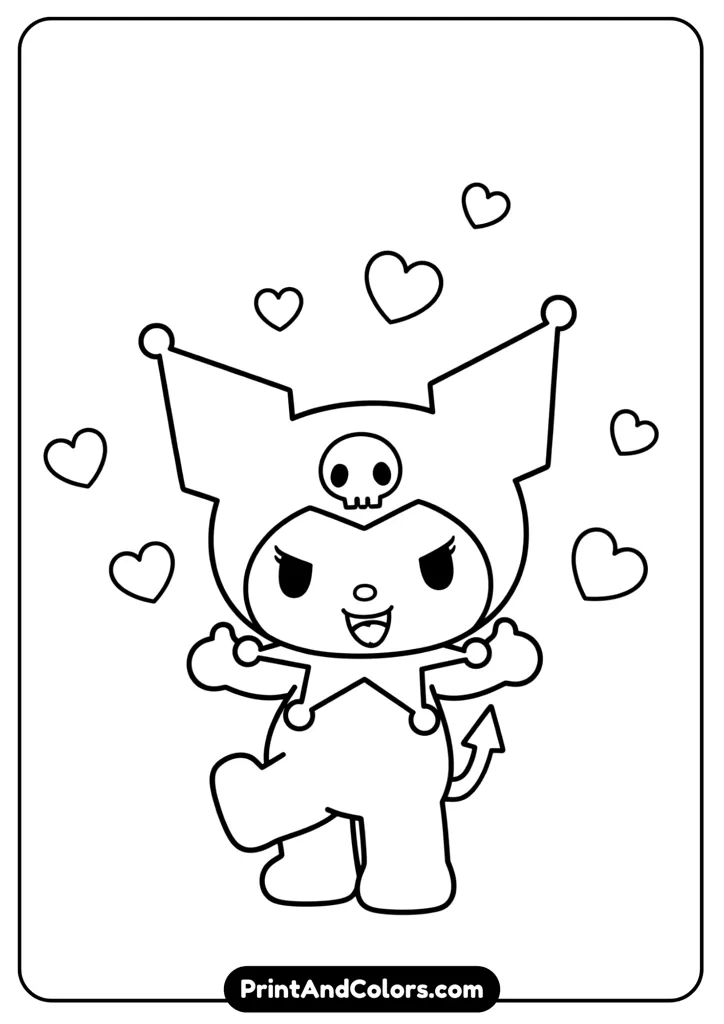Kuromi standing happily with floating hearts all around, kawaii Sanrio cartoon outlines