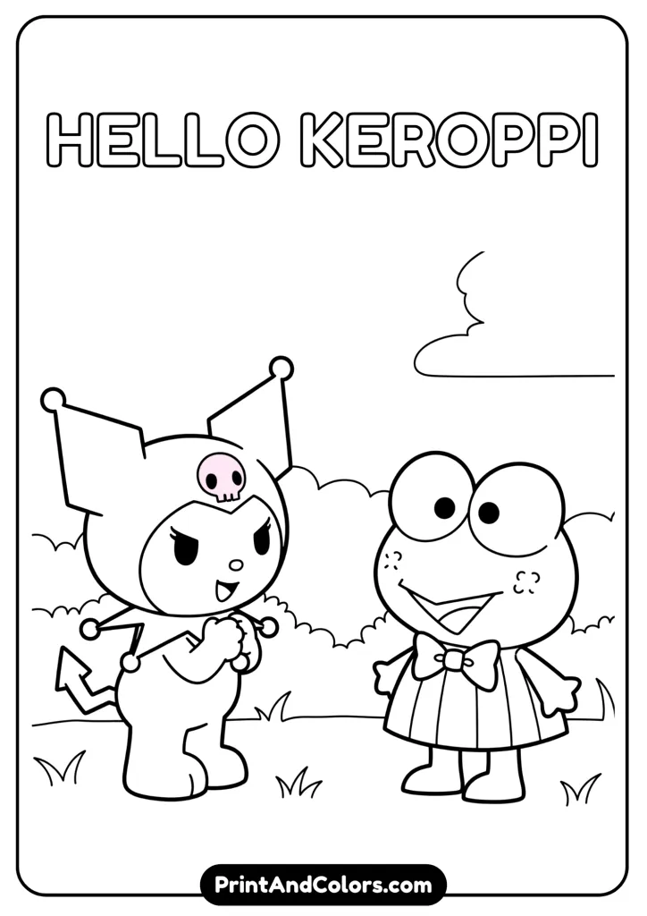 Kuromi standing face to face with Keroppi, friendly conversation scene, cartoon black and white line art, bold outlines