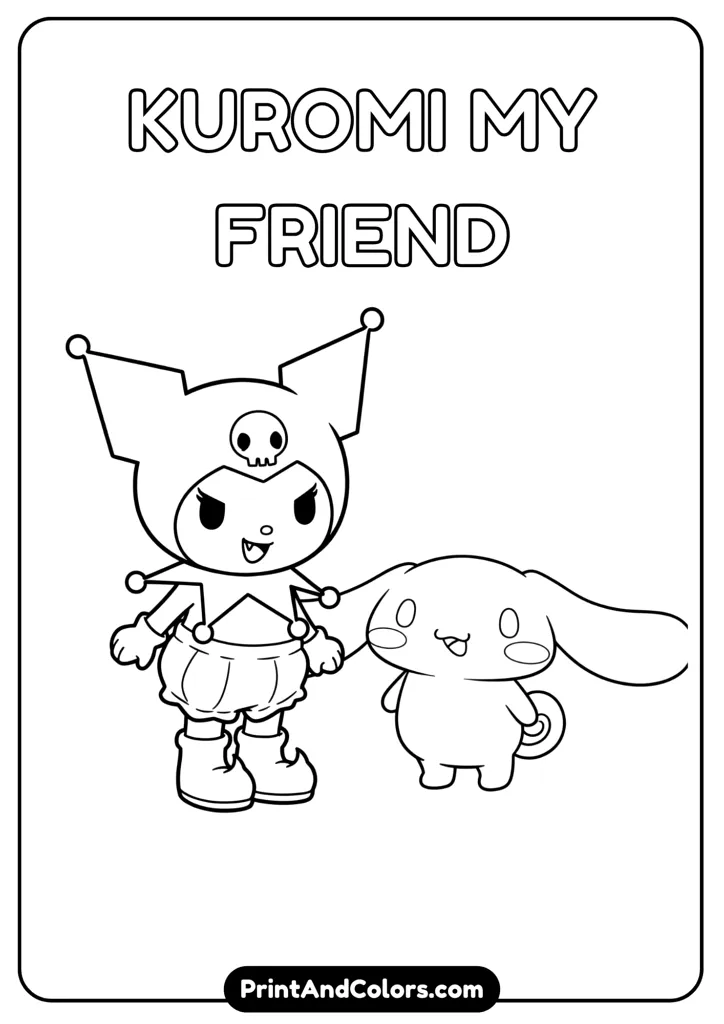 Kuromi and Cinnamoroll standing together, smiling, cartoon black and white outline drawing, no colors, clean background