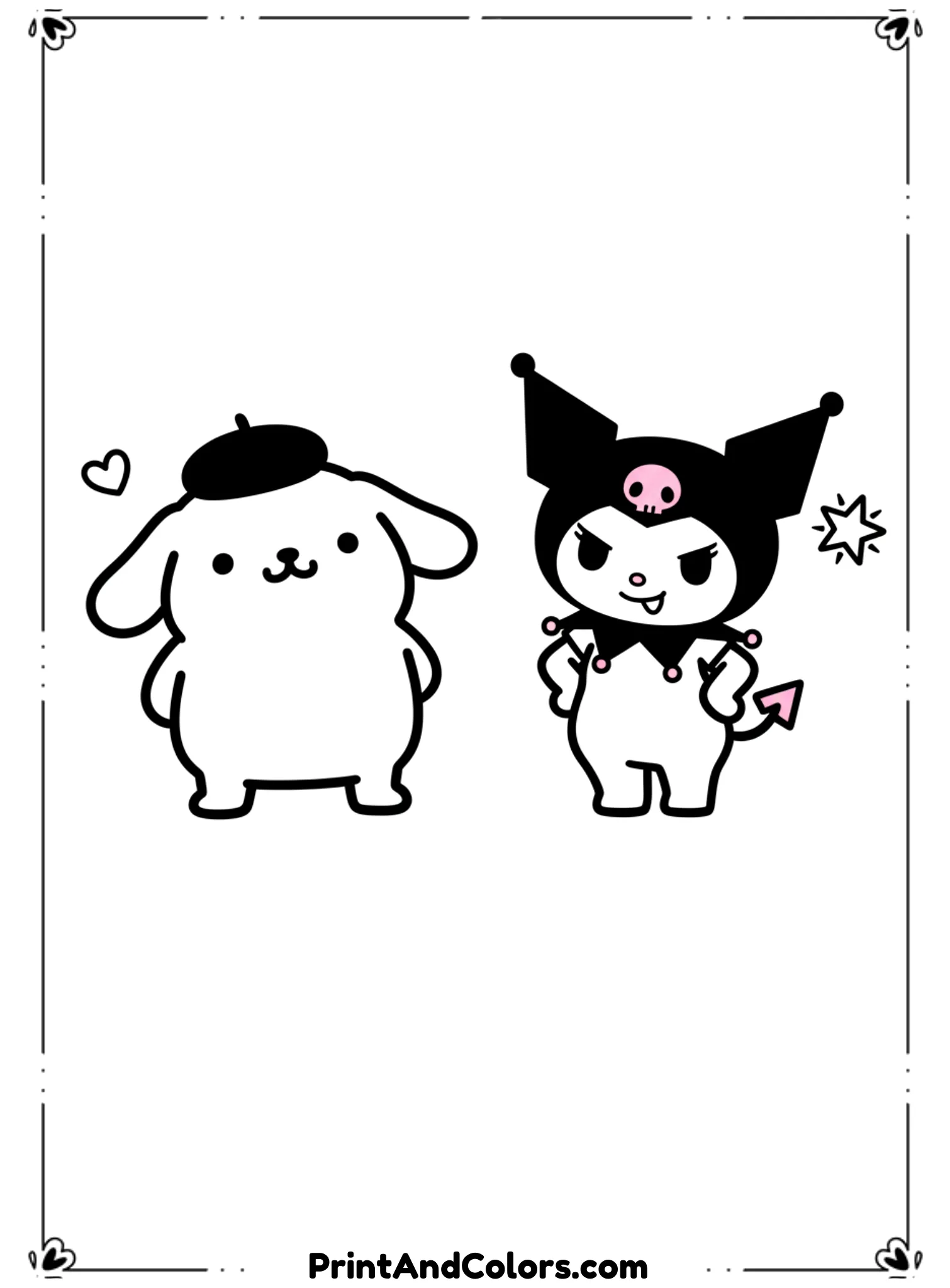  Draw Kuromi and PomPompurin standing side by side to show contrast—PomPompurin cute and soft, Kuromi cool and edgy. Use clean black outlines, expressive poses, and minimal decorative elements.
