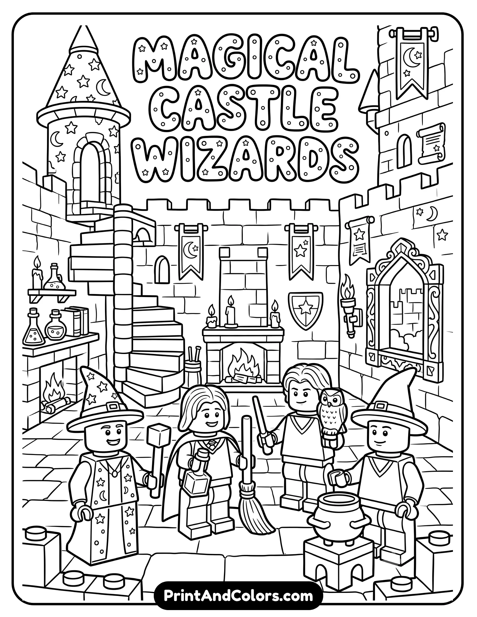 Black and white coloring page of block-style toy wizard characters inspired by building brick figures standing inside a magical castle. Include toy-like square details, wands, broomsticks, owls, and fantasy decorations. Bold clean outlines, fun printable coloring page style
