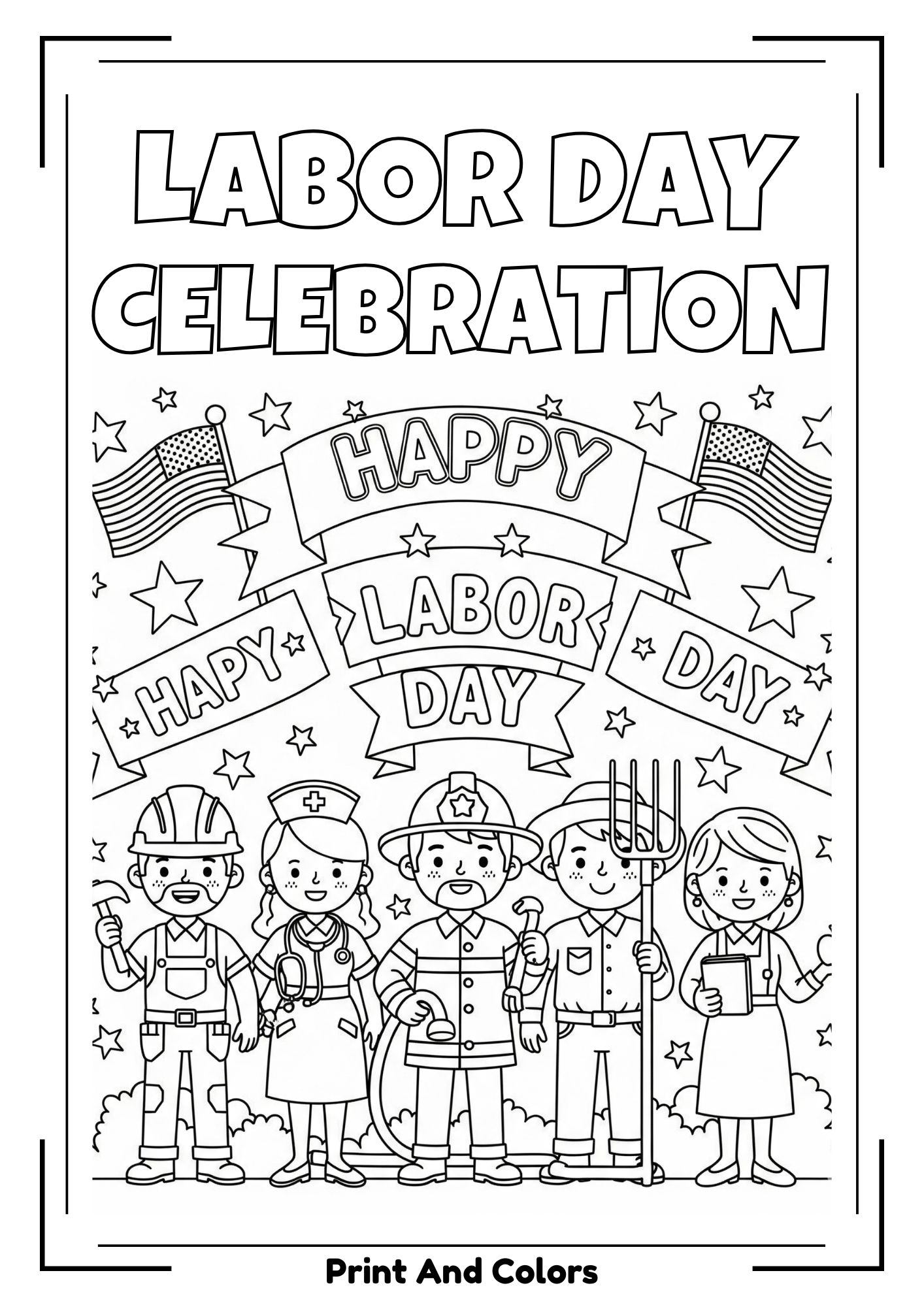Labor Day coloring page with cartoon workers like firefighters, nurses, and builders holding tools and flags.