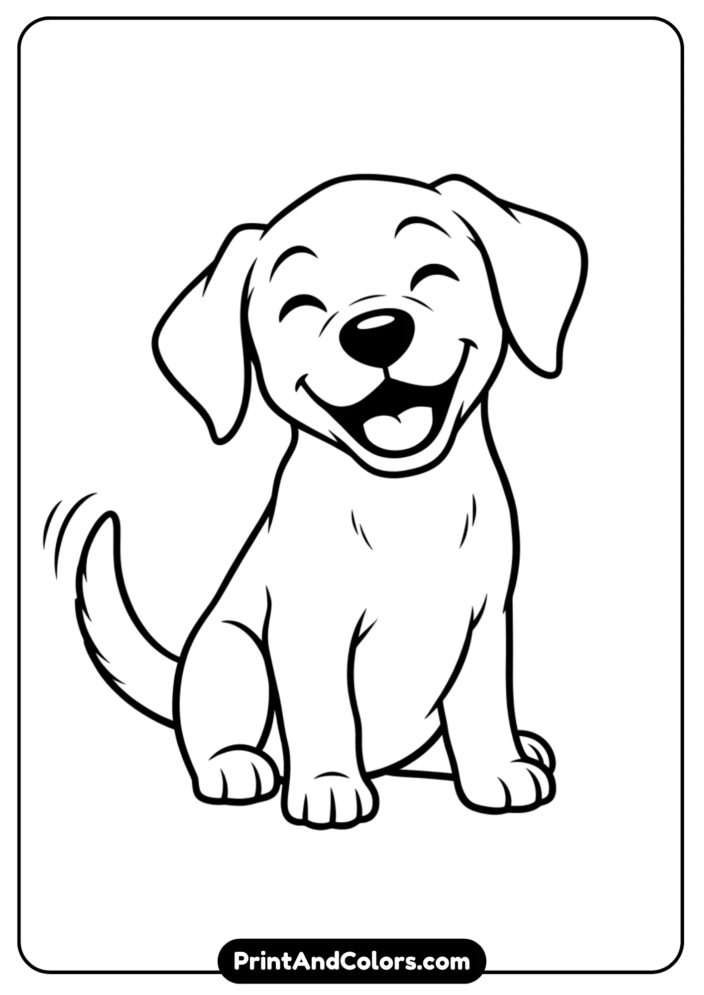 Black and white outline of a Labrador puppy sitting happily with floppy ears and wagging tail. Simple design for coloring pages
