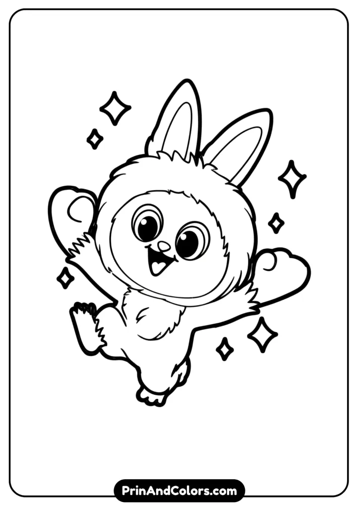Black and white line art of energetic Labubu jumping with joy surrounded by sparkles, radiating positive energy, cute and dynamic pose.