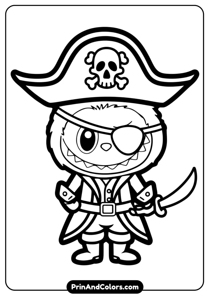Line art of Labubu dressed as a captain with hat and jacket, holding a small ship wheel