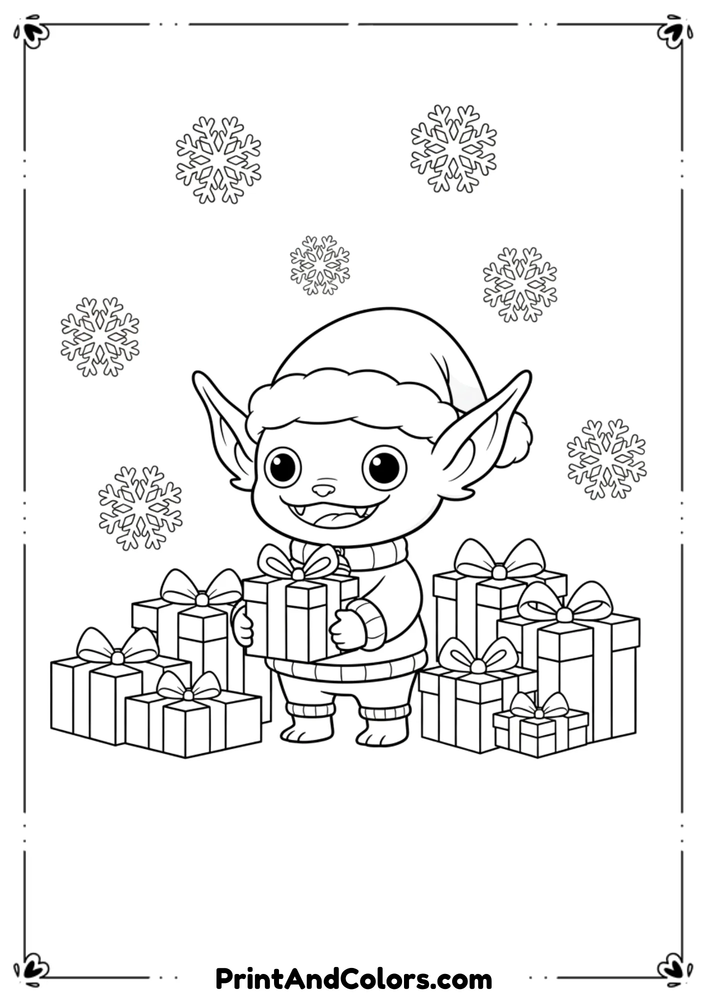 Line art of Labubu character in Christmas attire with presents and snowflakes.