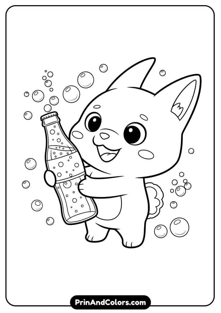 Line drawing of Labubu holding a Coca-Cola bottle with bubbles around, cheerful expression, minimal background for coloring.